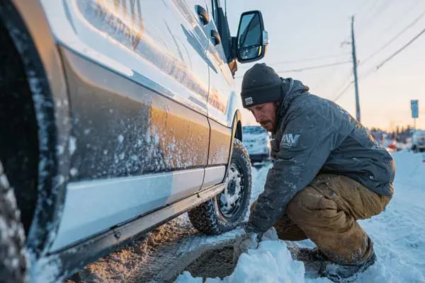 Man placing sand under tires