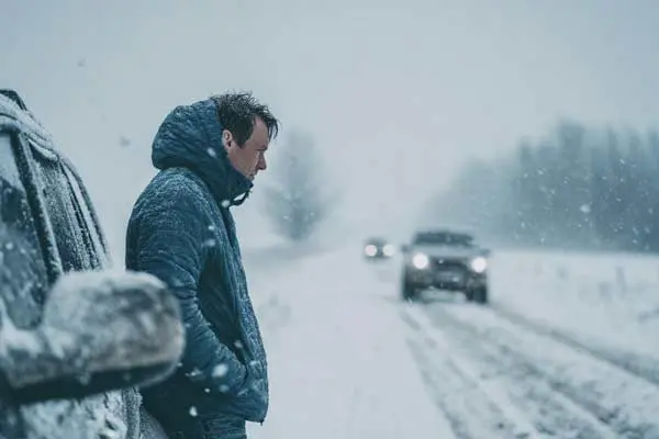 Man broken down on side of the highway in winter